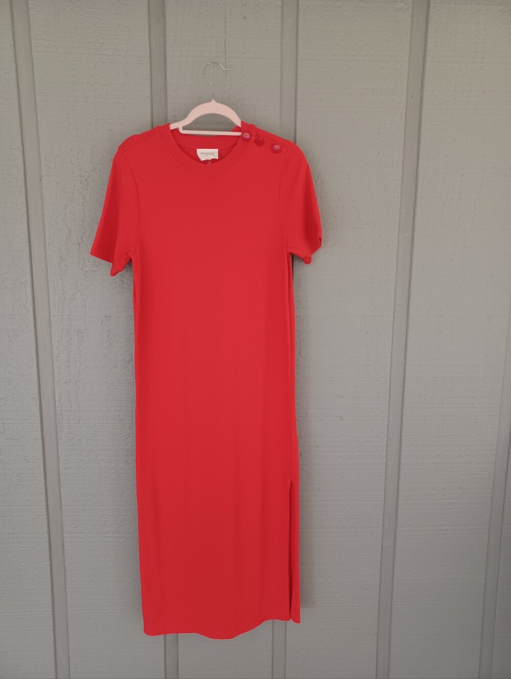 Sezane Emy Dress Size M Women Cotton Slit Short Sleeve Preppy In Bright Coral